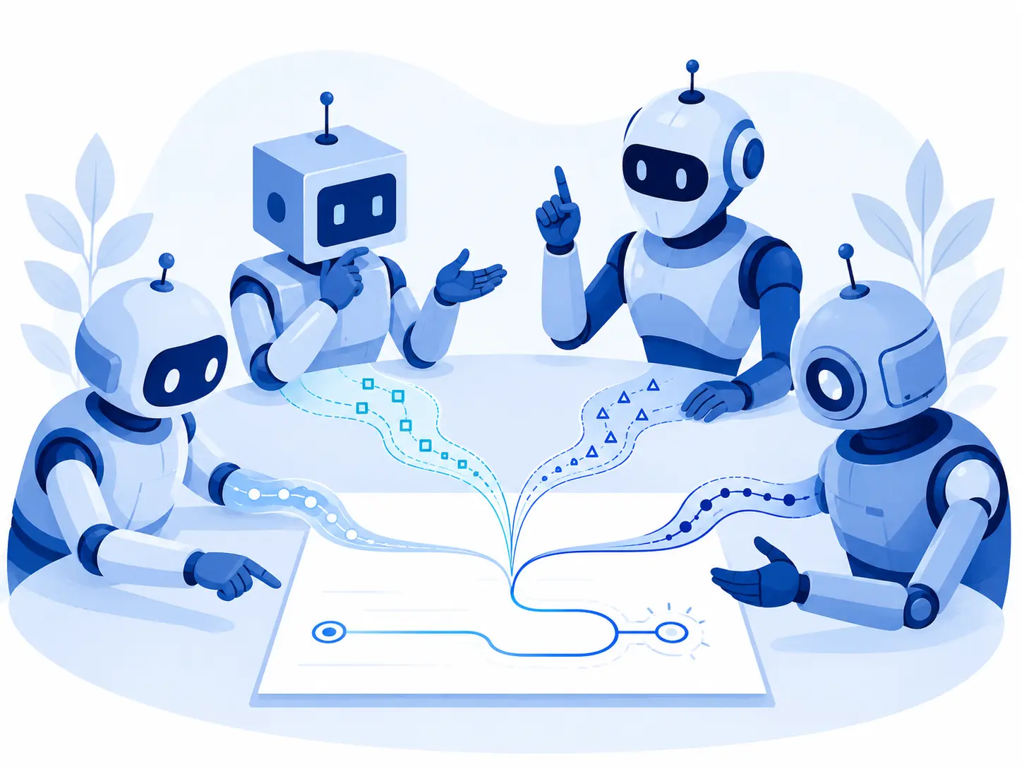 4体のロボットが1枚の企画書を囲み、それぞれの意見が線となって書類上で合流し、電球(アイデア)へ向かう様子。複数の生成AIで壁打ちする記事のイメージ